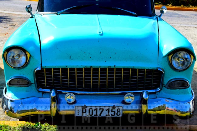 Amazing bright blue color of 1950-s Chevy in Cuba